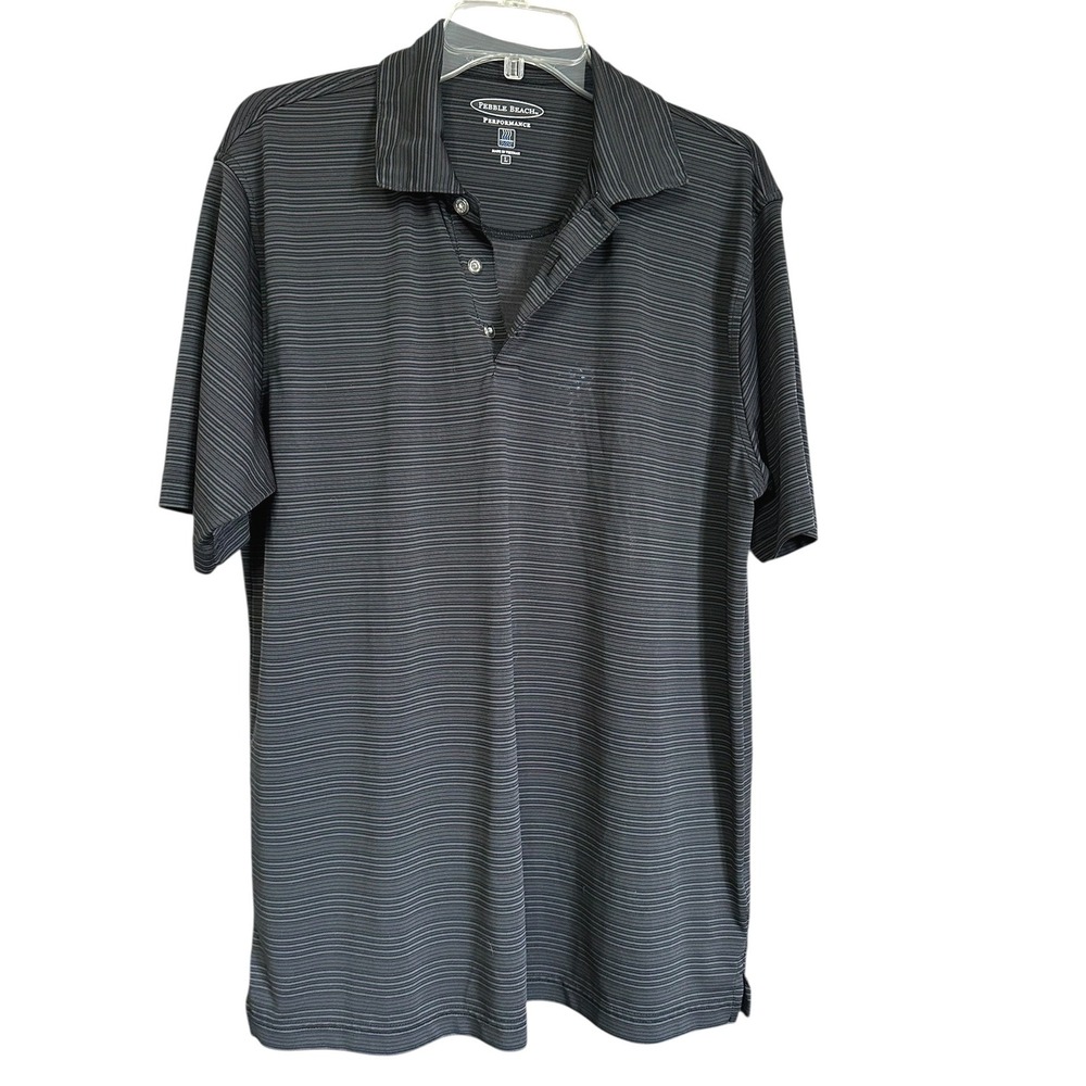 Pebble Beach Performance Mens Sz L Polo Shirt Striped Italian Open Logo Black